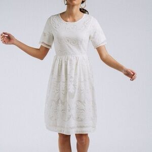 Stevie Hender Tea Length Ivory Lace Short Sleeve Dress